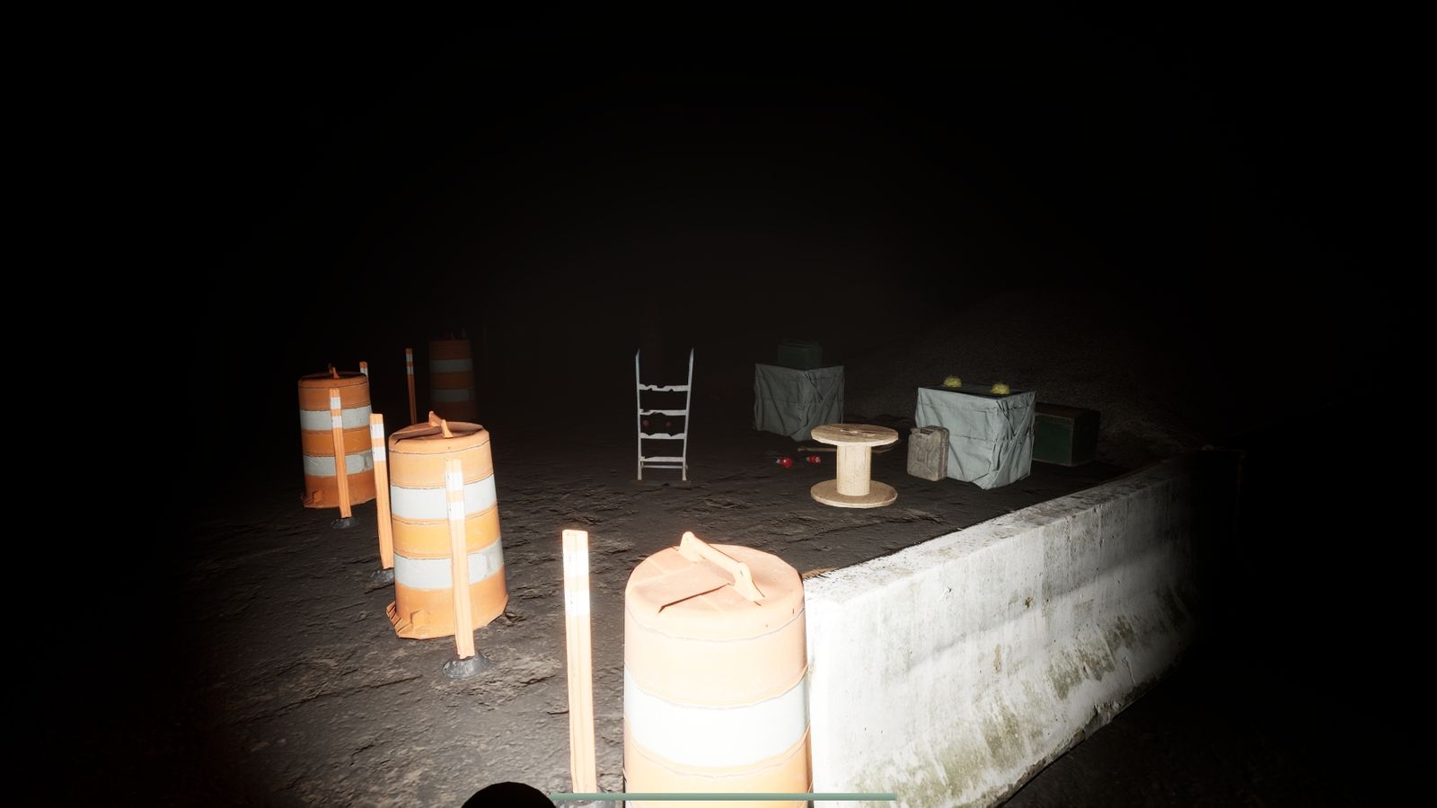 Dark construction area with props and flashlight lighting