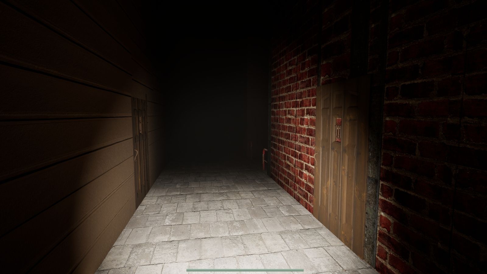 Narrow corridor with brick walls and low visibility