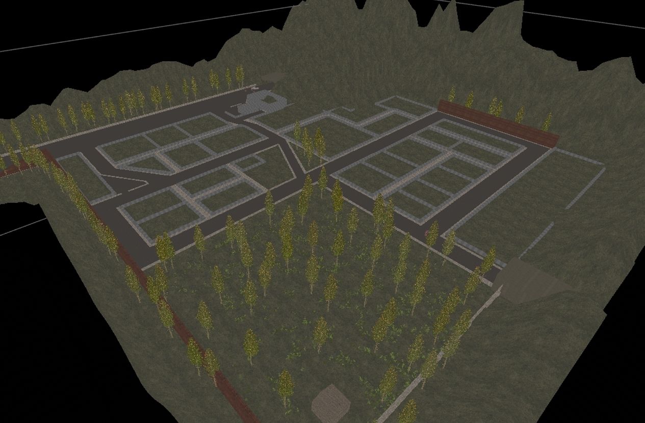 Top-down level design view of the G Isolation small city layout